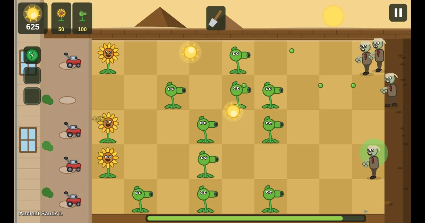Garden Defenders 2 in play: sunflowers and peashooters holding five lanes while zombies advance from the right