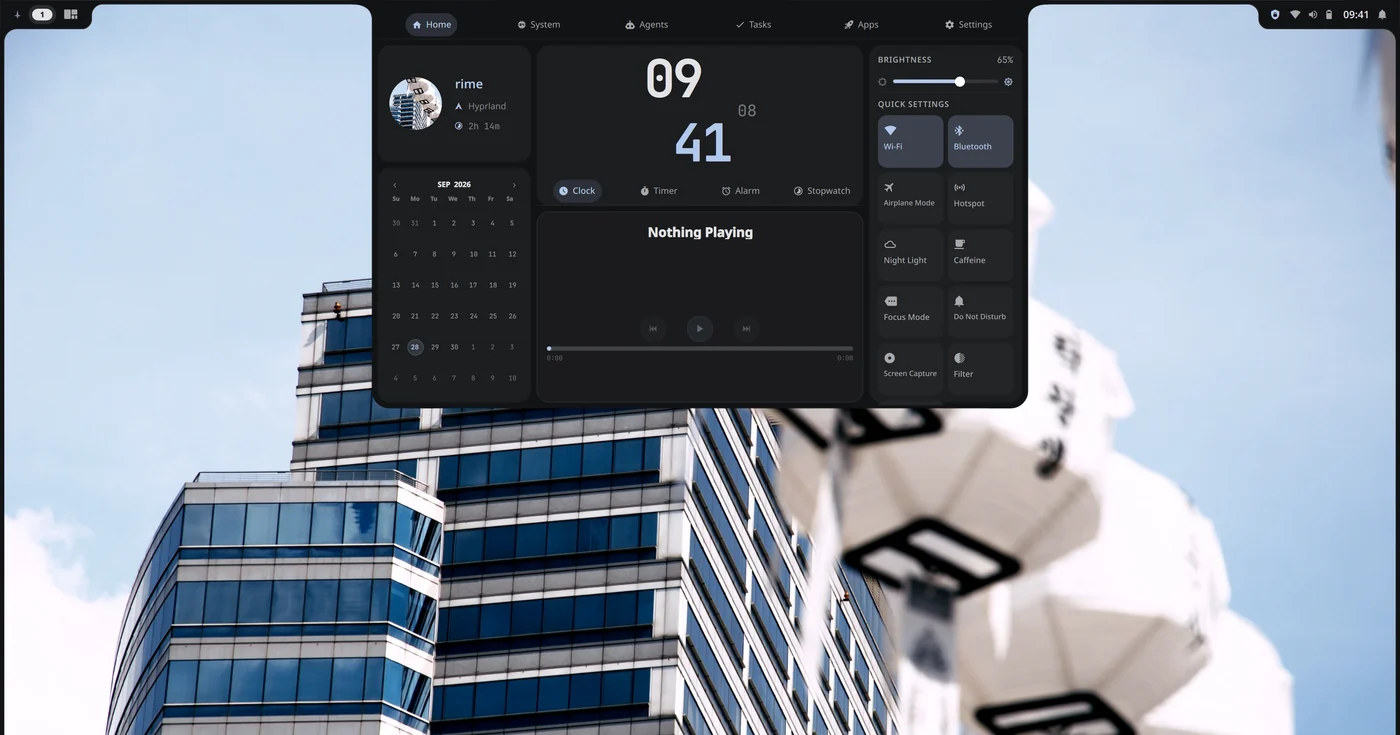 Rime Shell in its default dark theme: the Dashboard open out of the centre notch, with a clock, calendar, media player and quick settings over a photo of an office tower