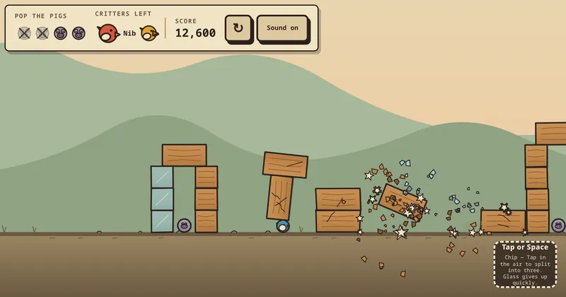 SLINGWRECK in play: wooden crates and glass blocks collapsing across green hills after a shot