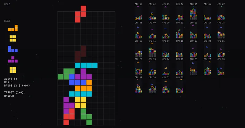 TOPOUT in play: a stacked board mid-match beside a wall of 32 CPU opponent boards