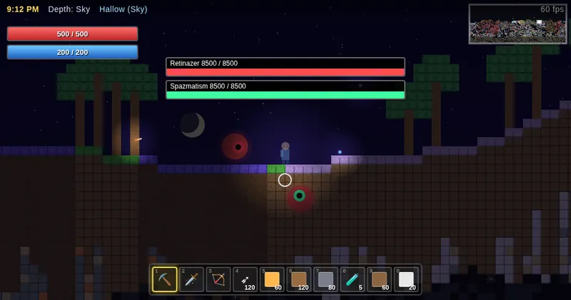 tree in play: a procedural side-on world with mined terrain and an inventory bar