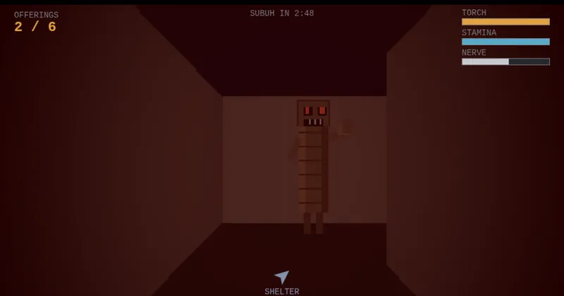 Tung Tung Tung Sahorror in play: a dark first-person corridor lit by a narrow torch beam